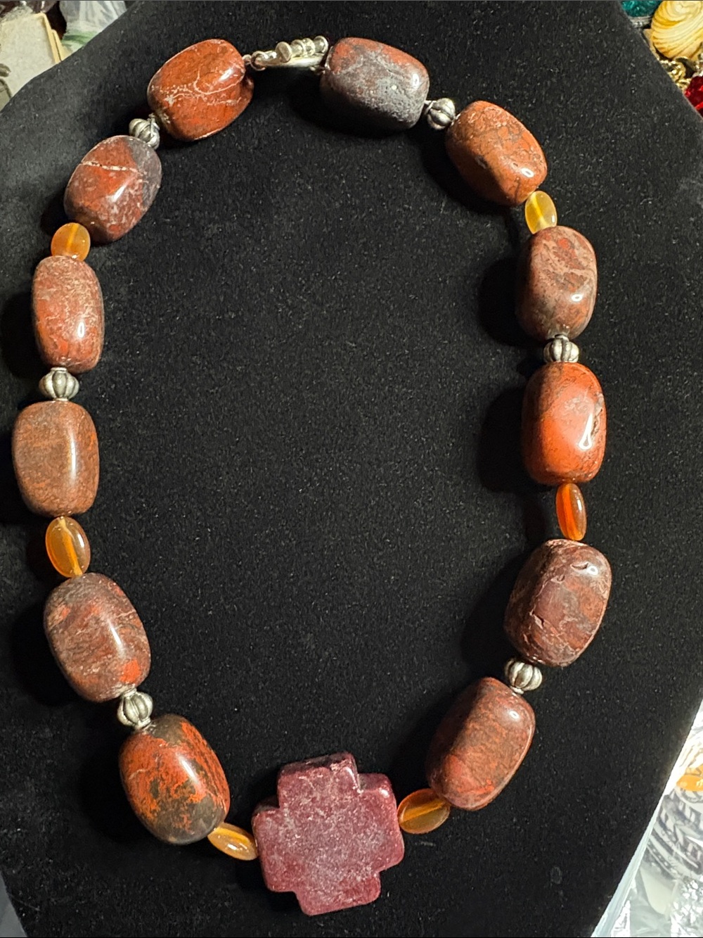 Natural stone with silver beads and glass bead necklace